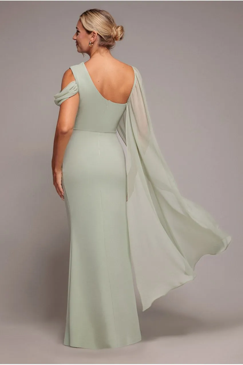 Goddiva One Shoulder Cape abito maxi verde salvia crepe