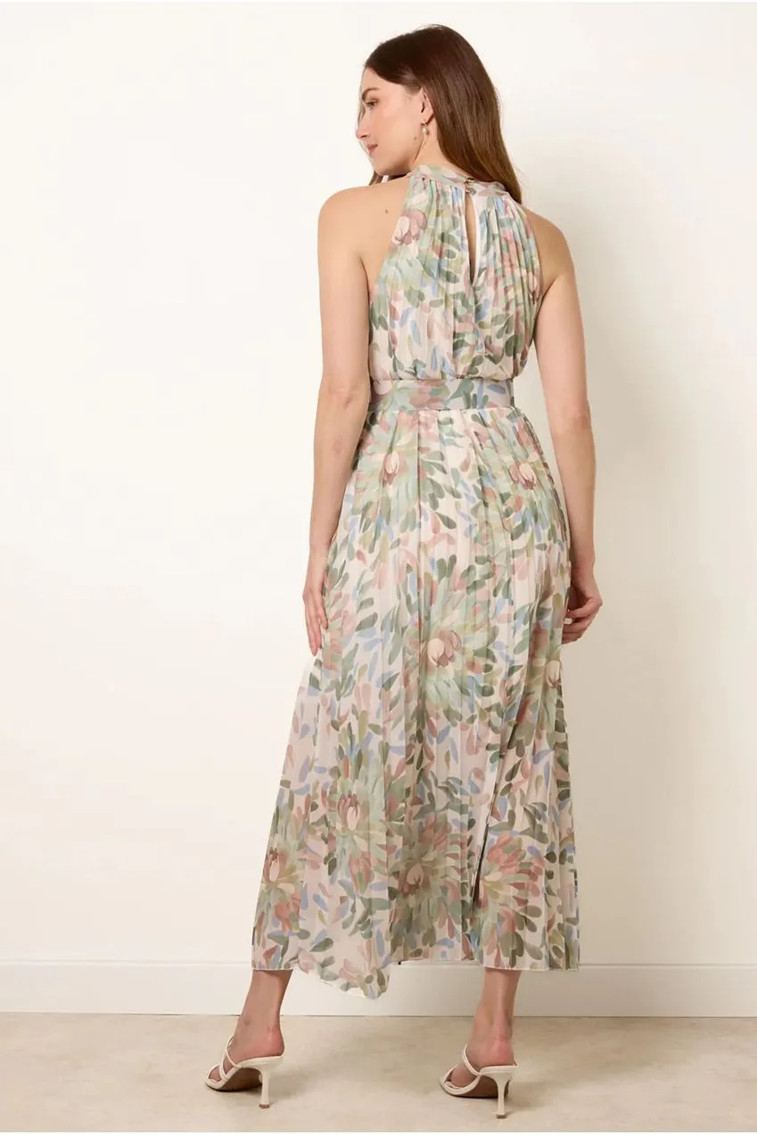 Blue Vanilla Printed Pleated abito midi salvia con cintura