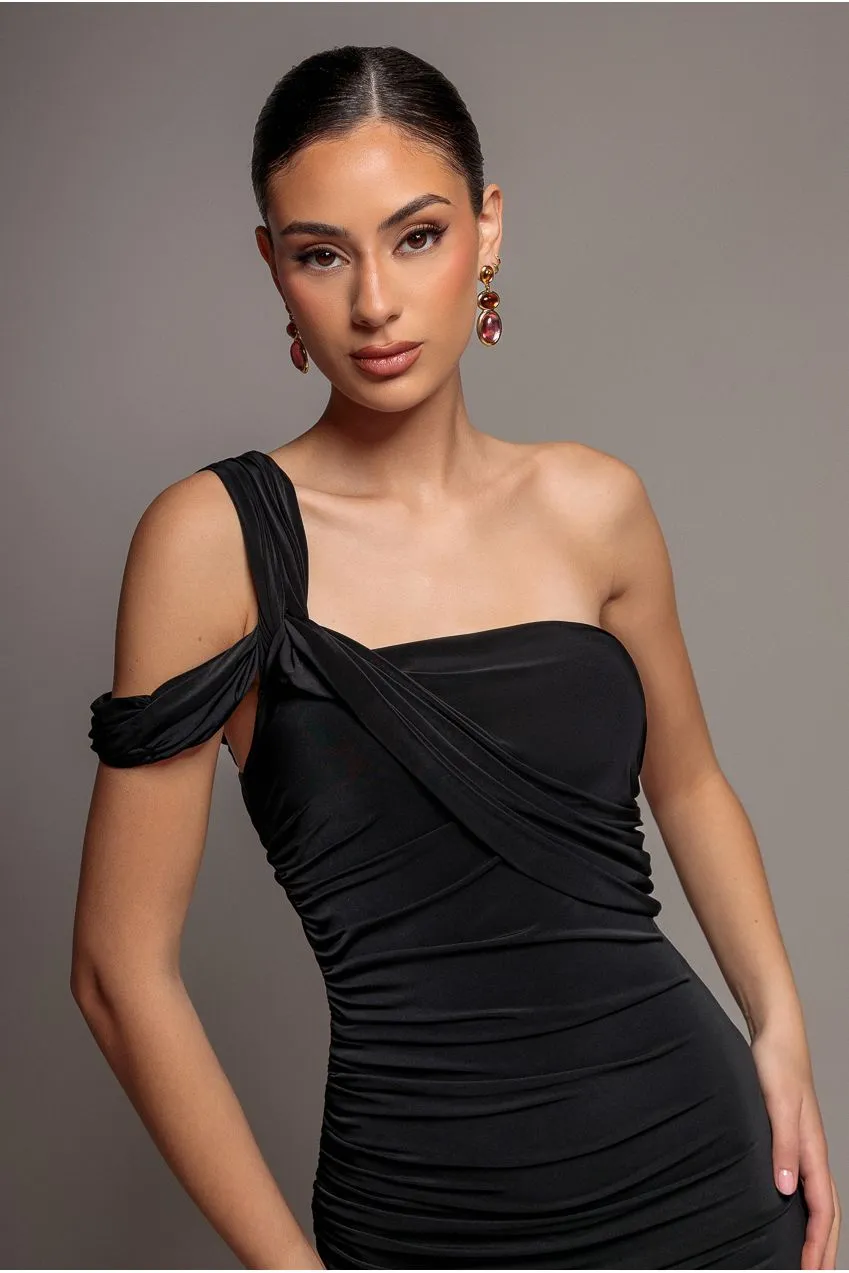 Goddiva DR5351 abito maxi monospalla nero drappeggiato