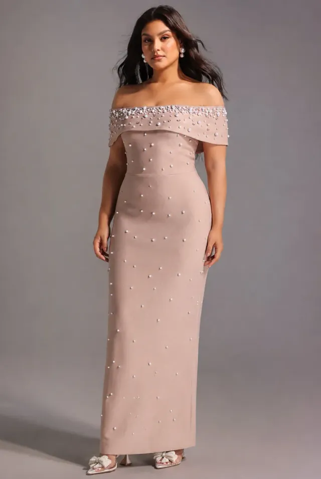 Bella Barnett Isme Contour Bandage abito maxi beige spalle scoperte