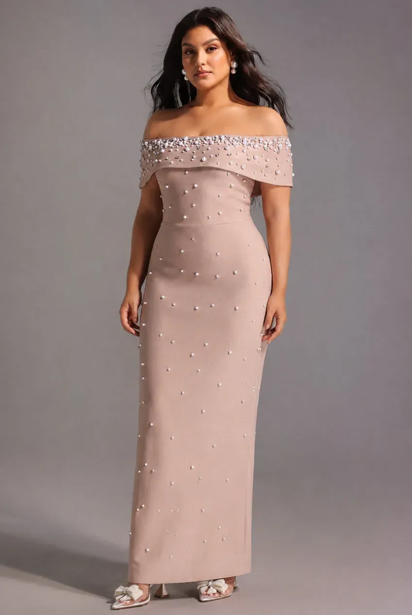 Bella Barnett Isme Contour Bandage abito maxi beige spalle scoperte