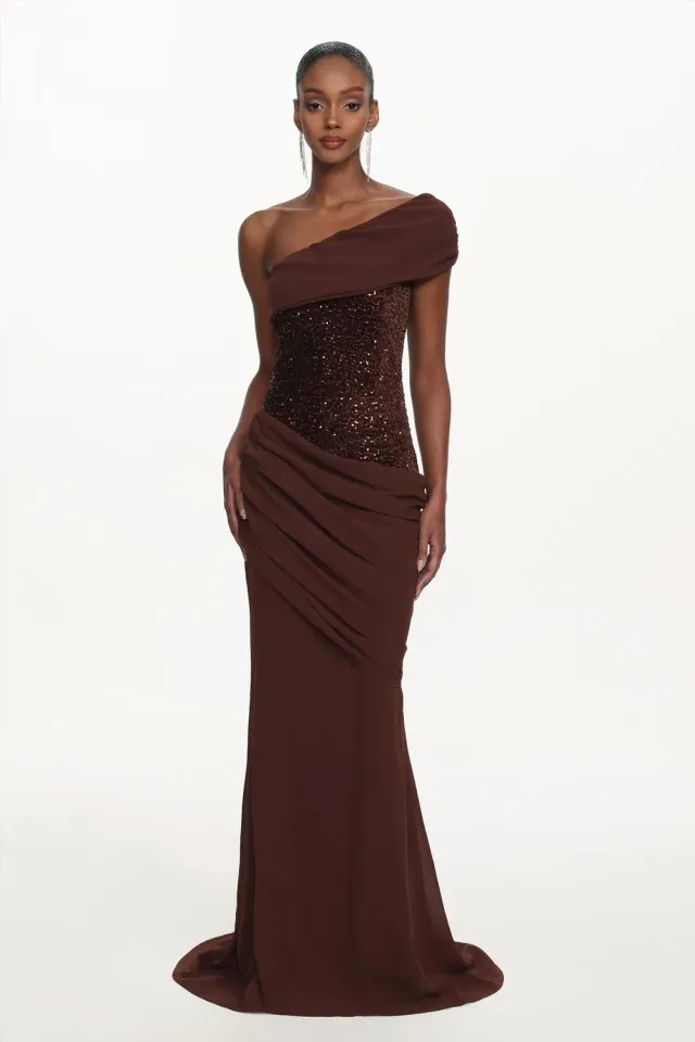 Bella Barnett Naleza abito maxi marrone paillettes