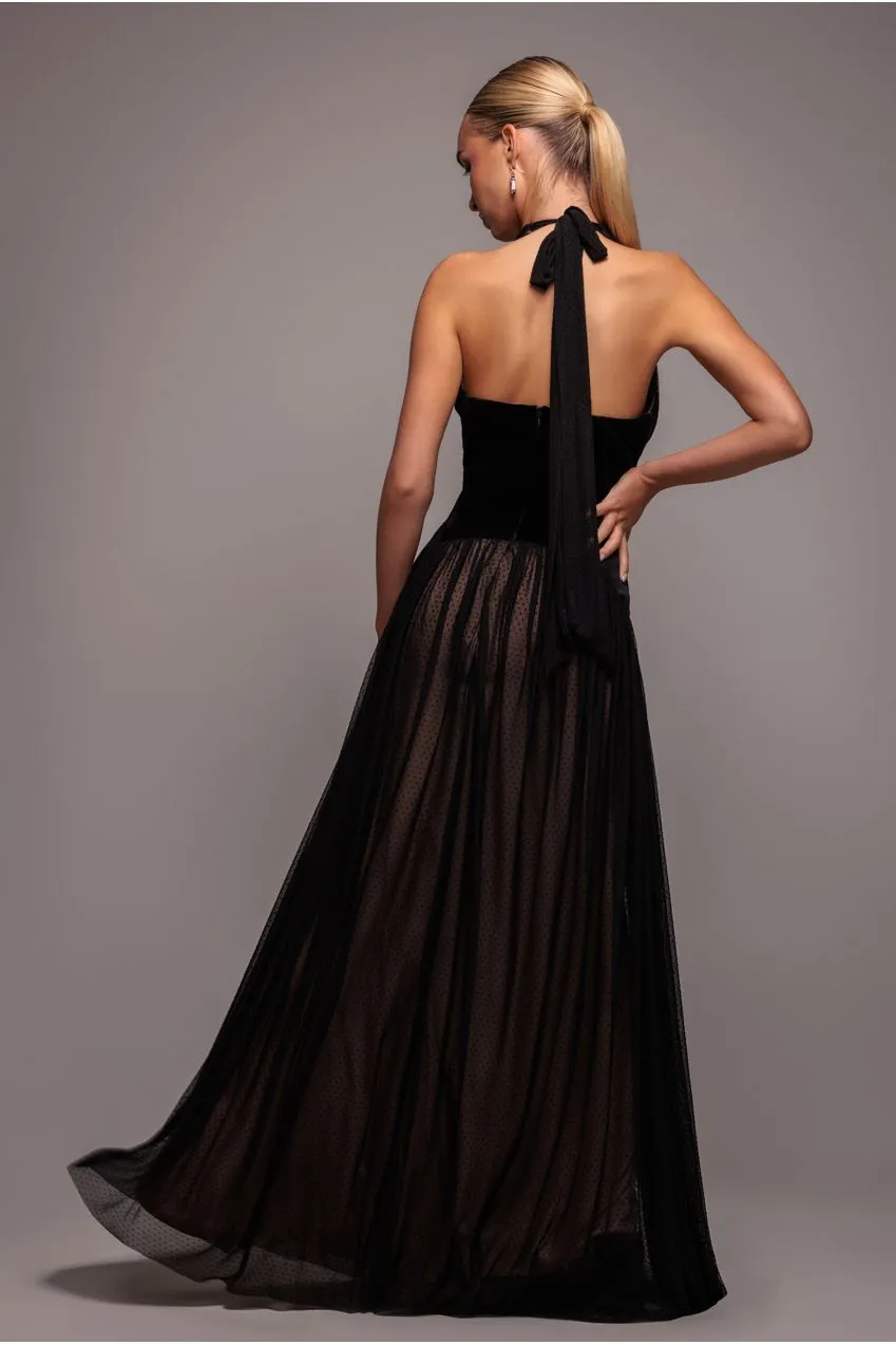 Goddiva Halter Abito Maxi Nero Velluto Rete Scollo Piombo