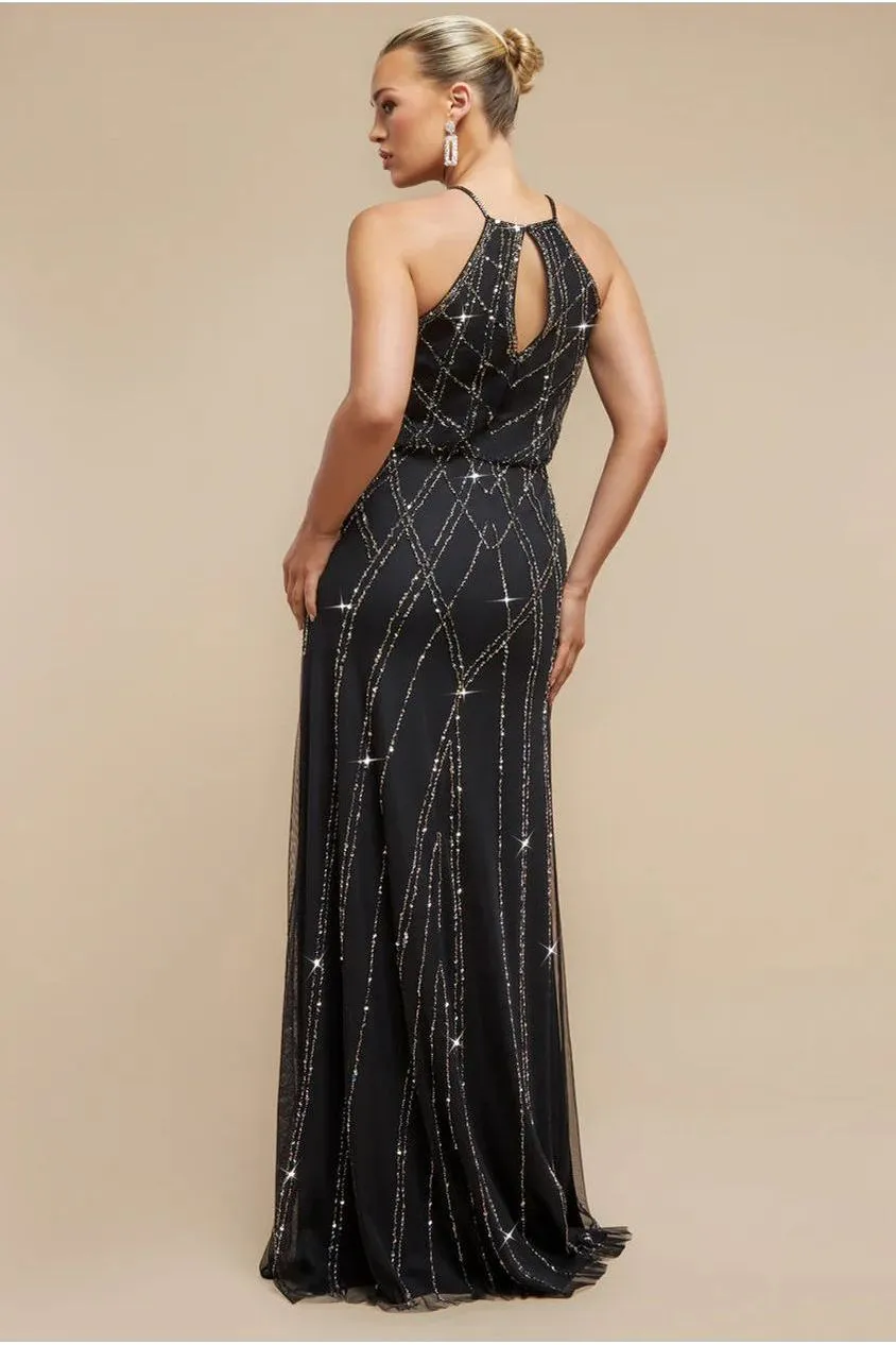Goddiva Racer Neck abito maxi nero paillettes ricamato