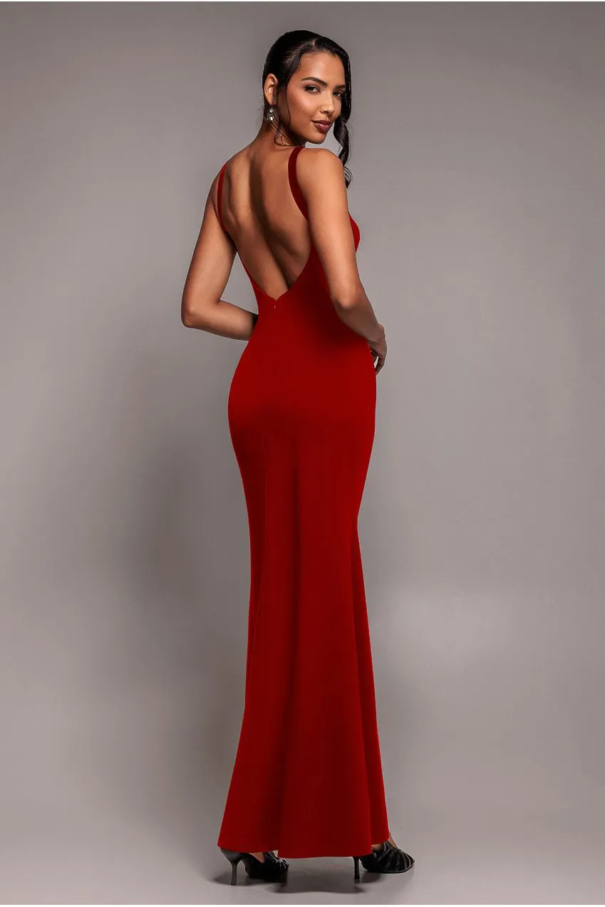 Goddiva Racer Neck Corsage abito maxi rosso scuba attillato