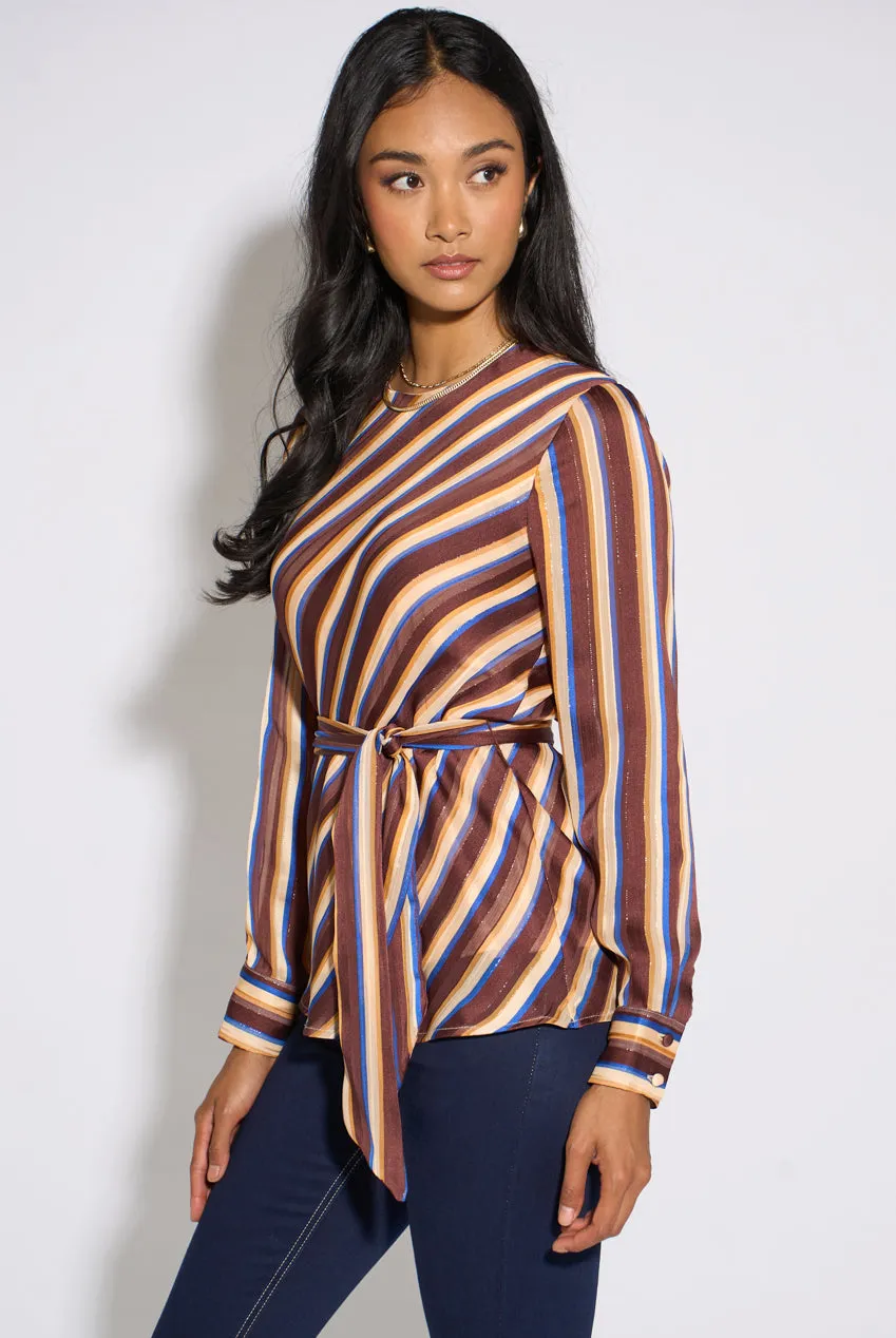 Gini London Diagonal Stripe Camicia Lurex Marrone con Cintura