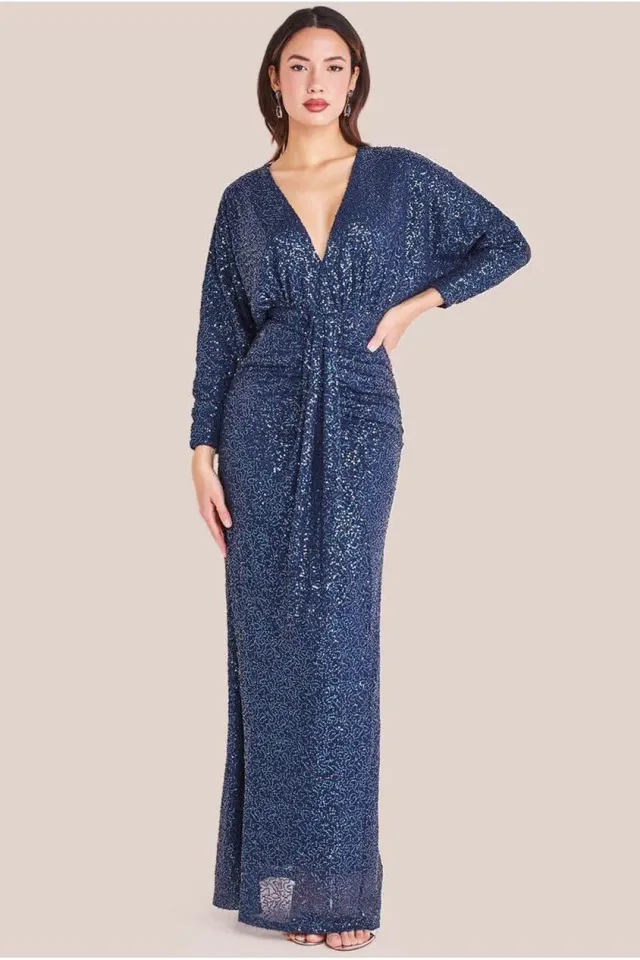 Goddiva Plunge DR3833 abito maxi blu navy paillettes