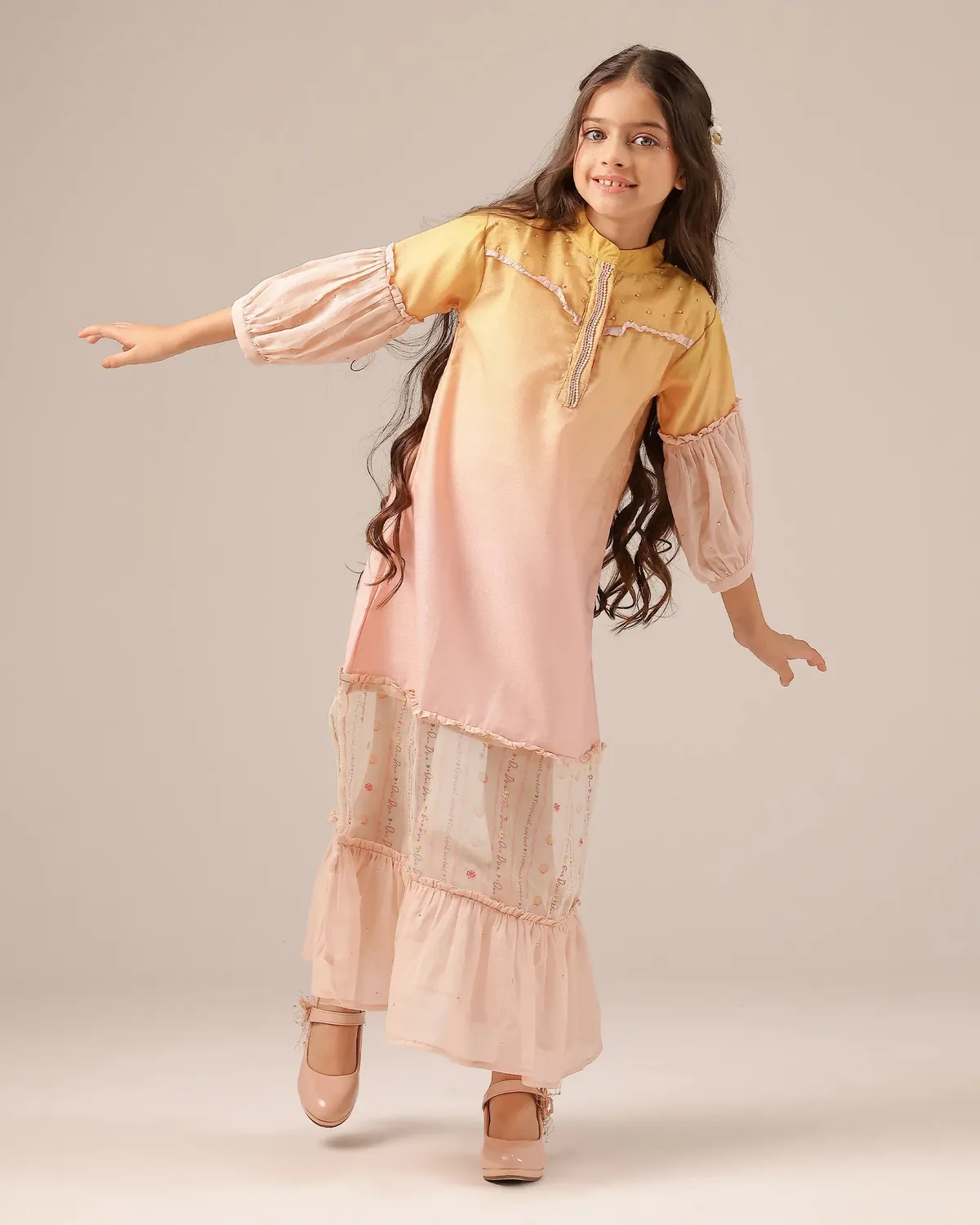 Our Dve Palm Whisper Dress abito bambina giallo rosa lino