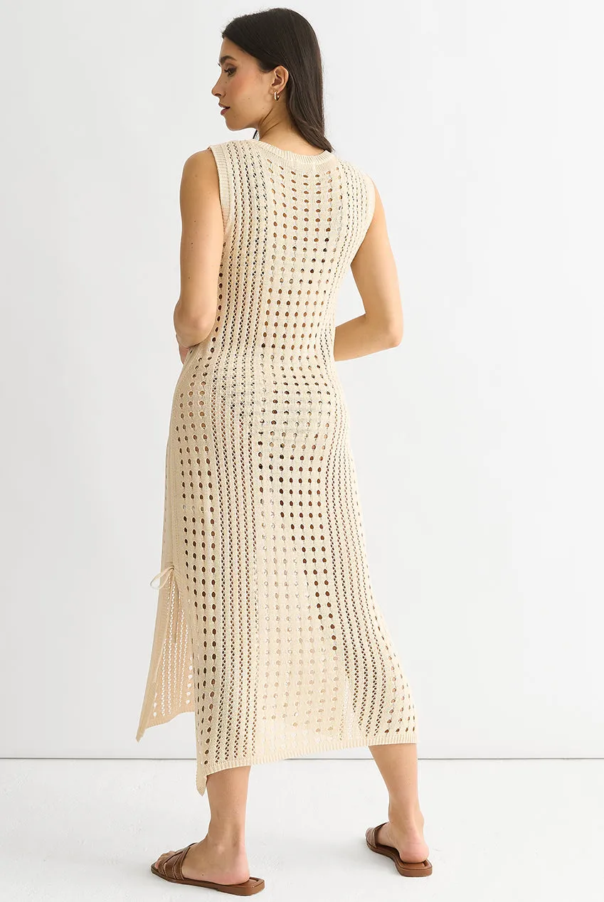 Gini London Crochet Knit abito midi beige bodycon