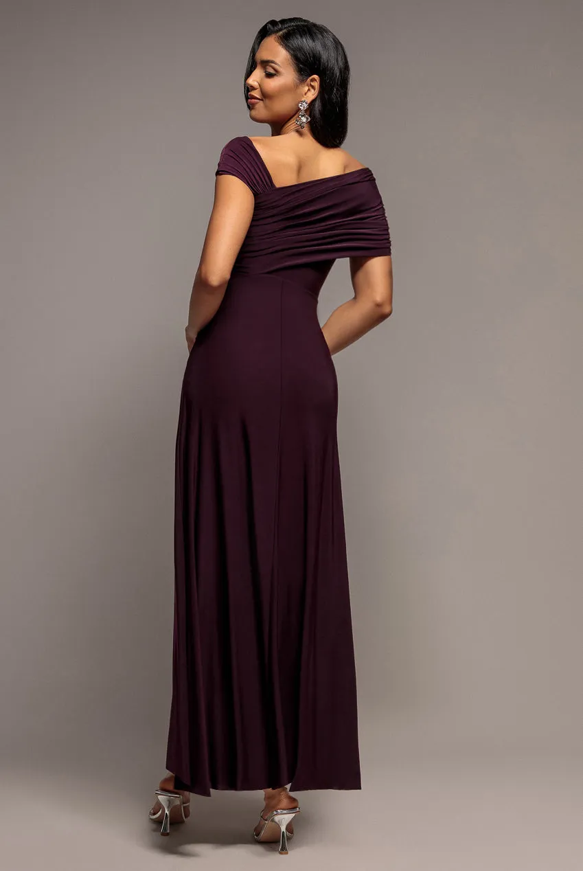 Goddiva Asymmetric Neck Gathered Waist abito maxi bordeaux