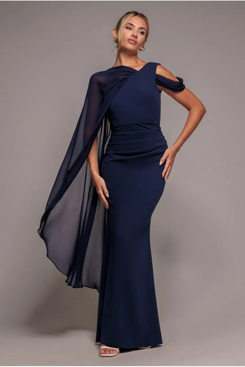 Goddiva vestito maxi blu navy monospalla mantella chiffon