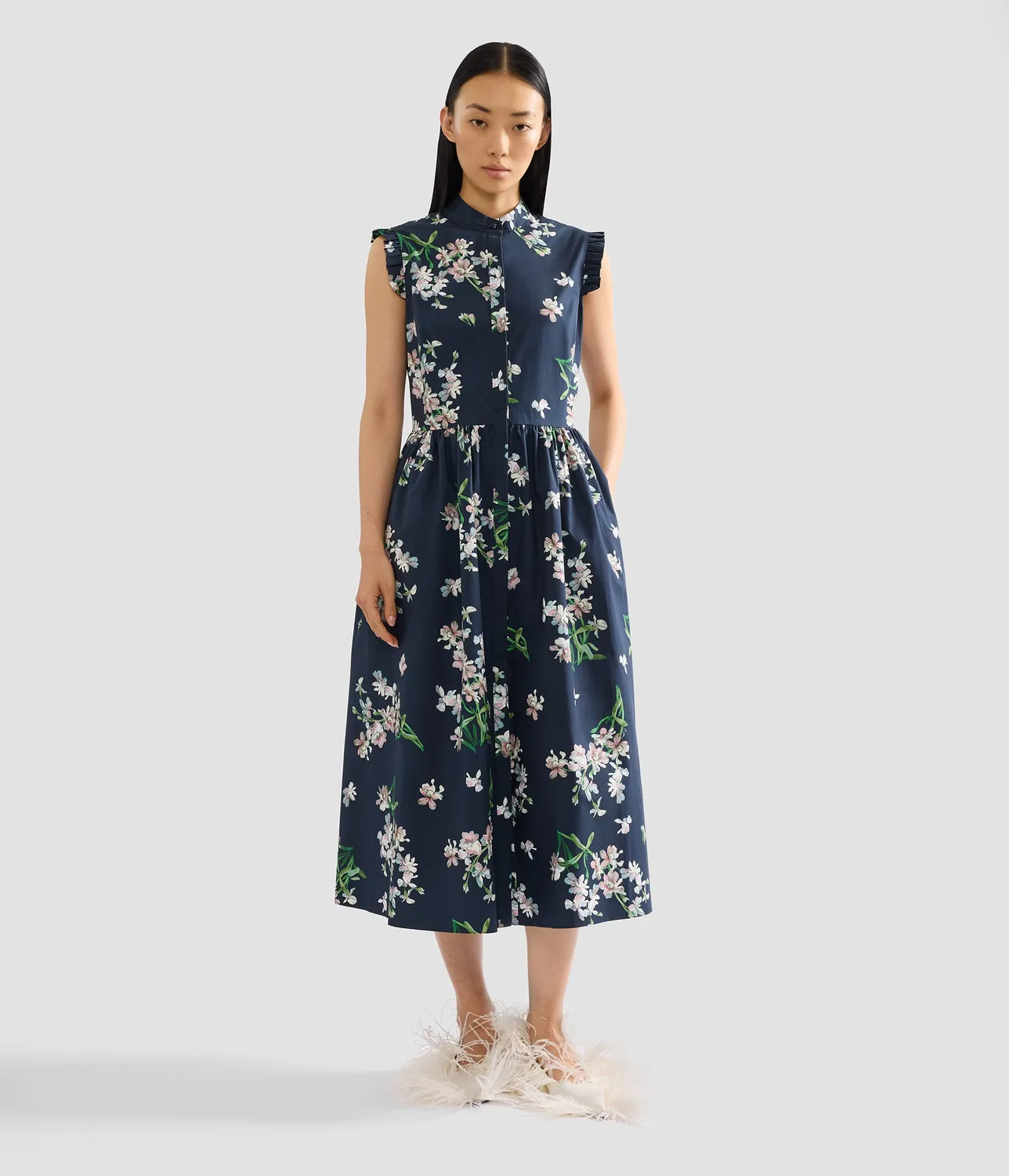 Erdem Floral Cotton Midi Dress abito blu stampa orchidea