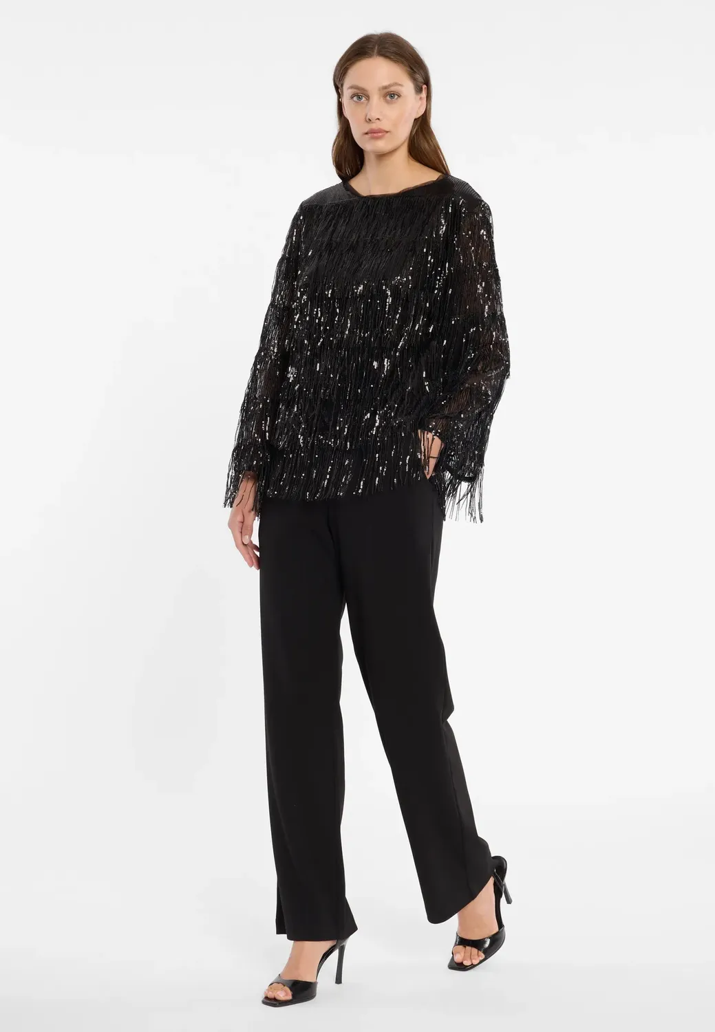 Ana Alcazar Cebala tuta nera frange paillettes