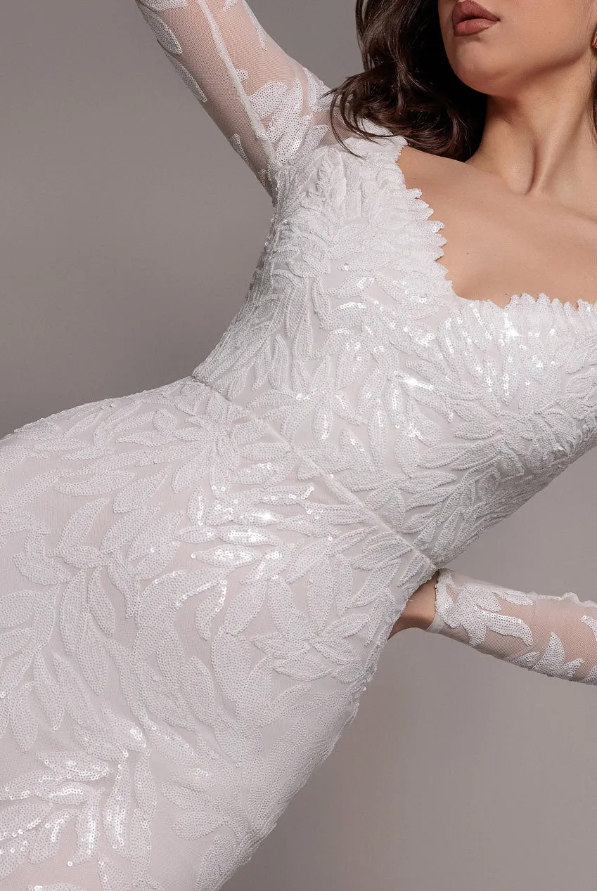 Goddiva Sequin Leaf abito maxi bianco maniche lunghe paillettes