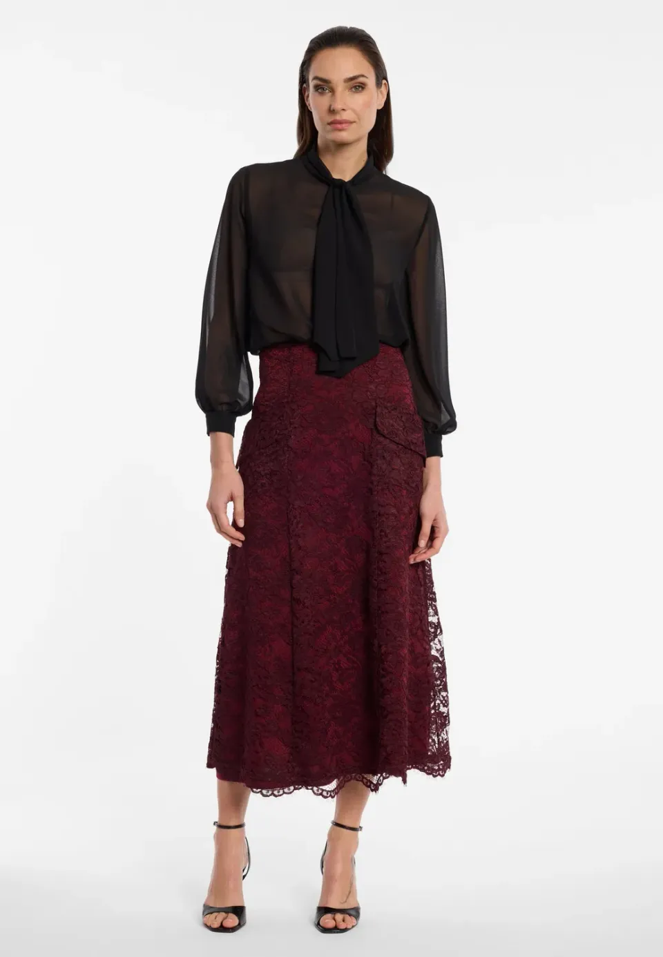 Ana Alcazar Enolorea gonna pizzo bordeaux midi svasata