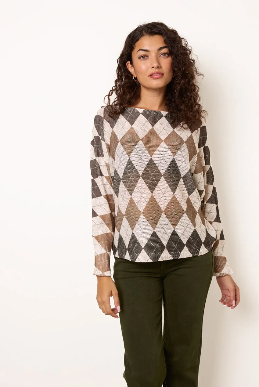 Blue Vanilla Argyle maglione marrone scollo barca taglia unica