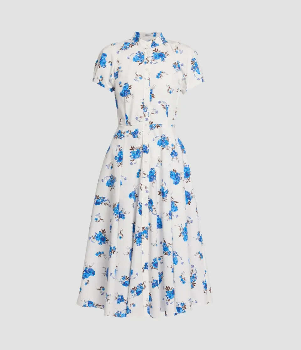 Erdem Floral Cotton Poplin abito midi maniche corte