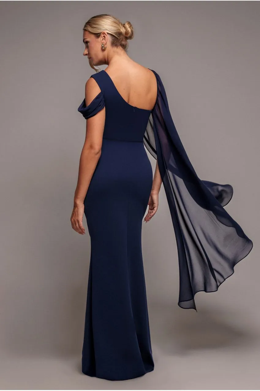 Goddiva vestito maxi blu navy monospalla mantella chiffon