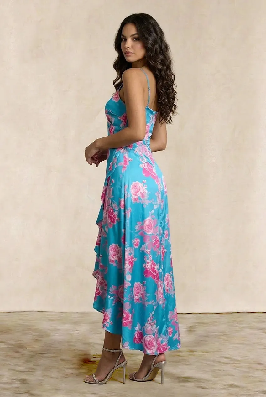 Chi Chi London abito midi floreale verde satin incrociato