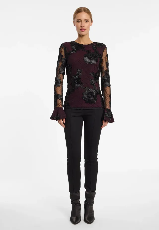 Ana Alcazar Elvira top bordeaux maniche volant fiori