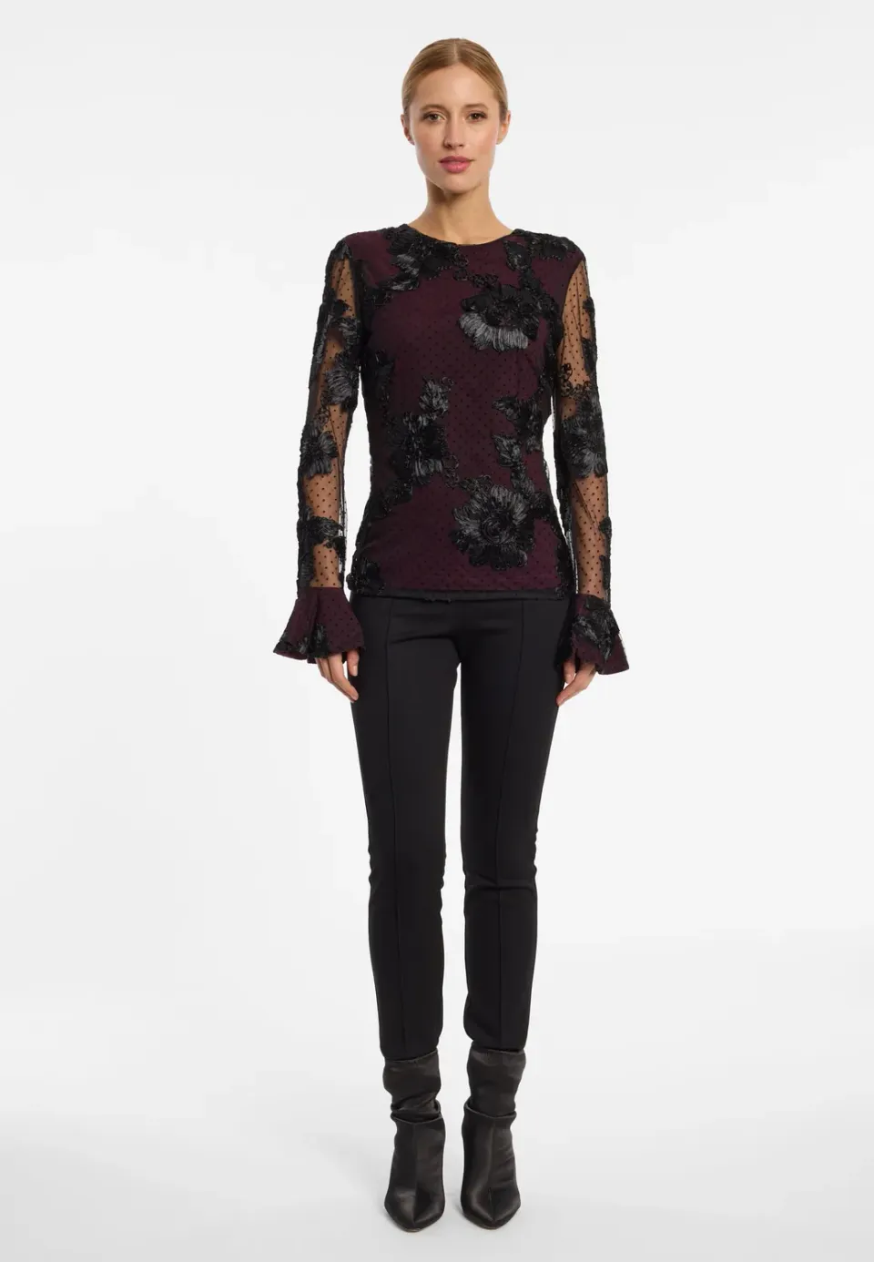 Ana Alcazar Elvira top bordeaux maniche volant fiori