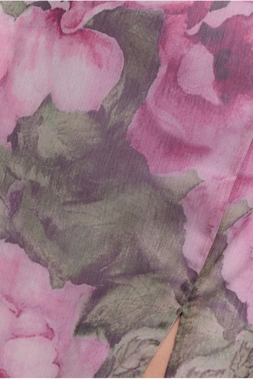Goddiva abito chiffon rosa cipria floreale spacco