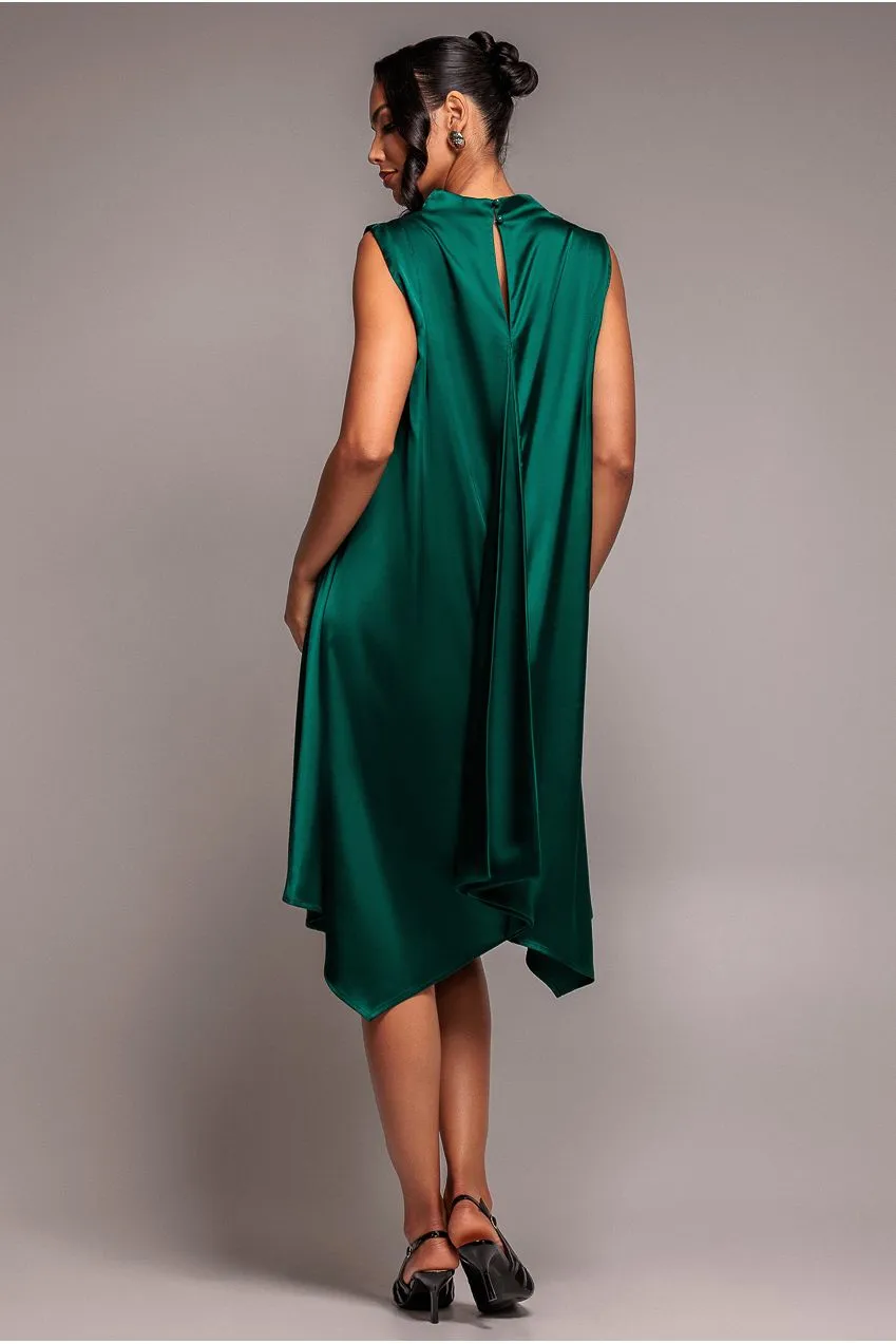 Goddiva abito midi verde smeraldo raso scollo drappeggiato