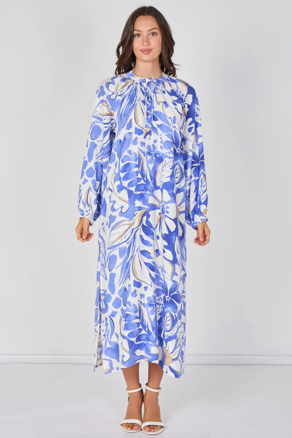 LOVE SUNSHINE Tropical Leaf abito maxi blu stampa foglie