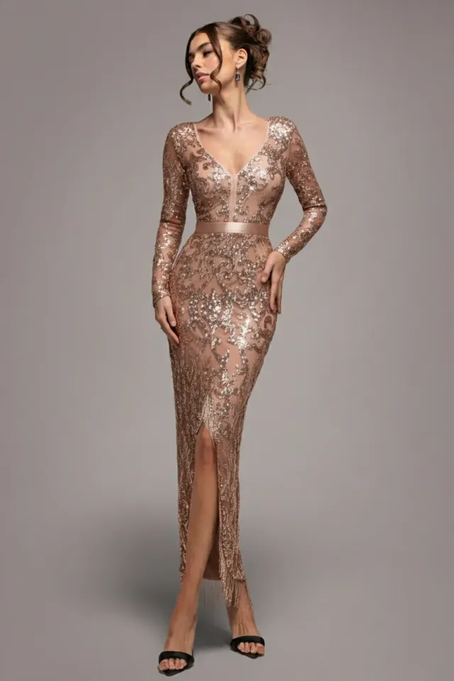 Goddiva Tassel Sequin Abito midaxi champagne spacco