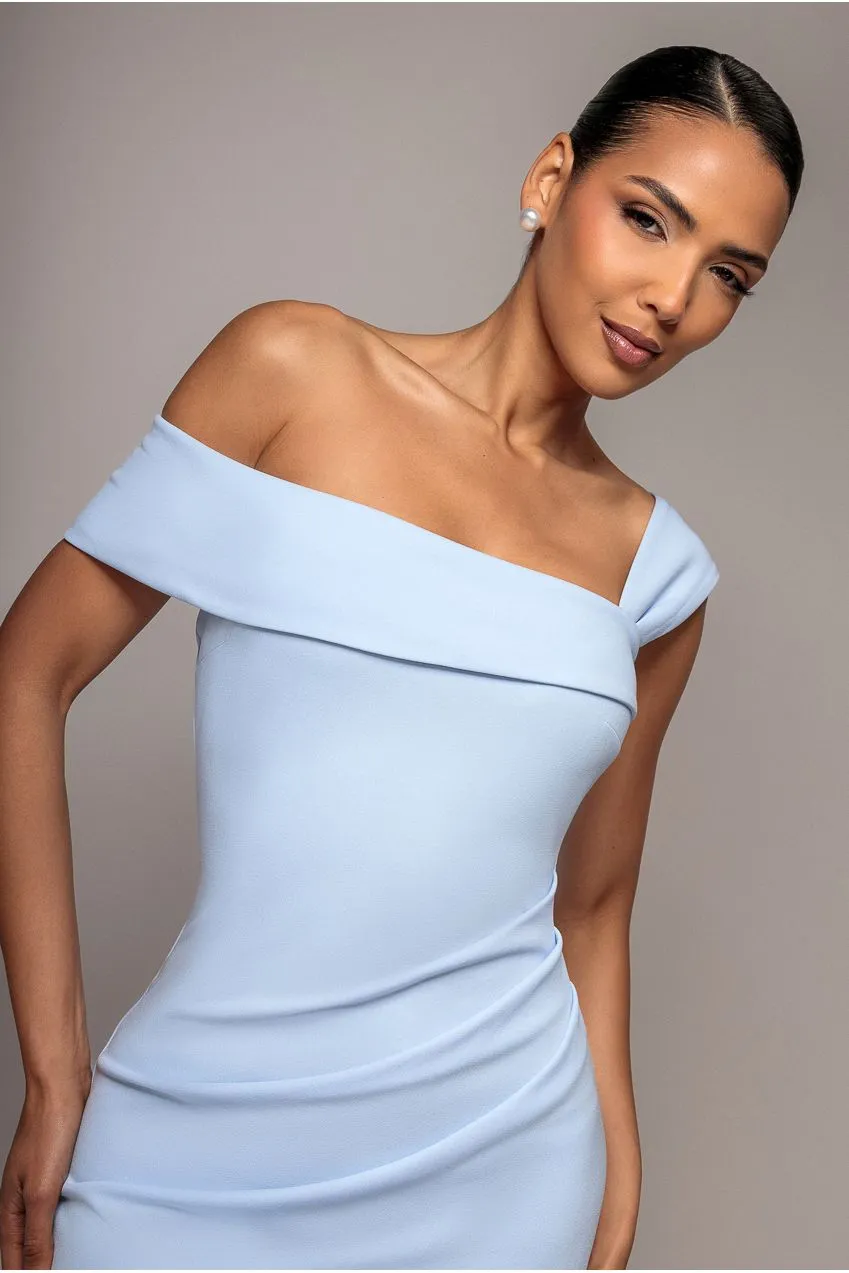 Goddiva Abito Maxi Spalle Scoperte Azzurro Vita Plisse