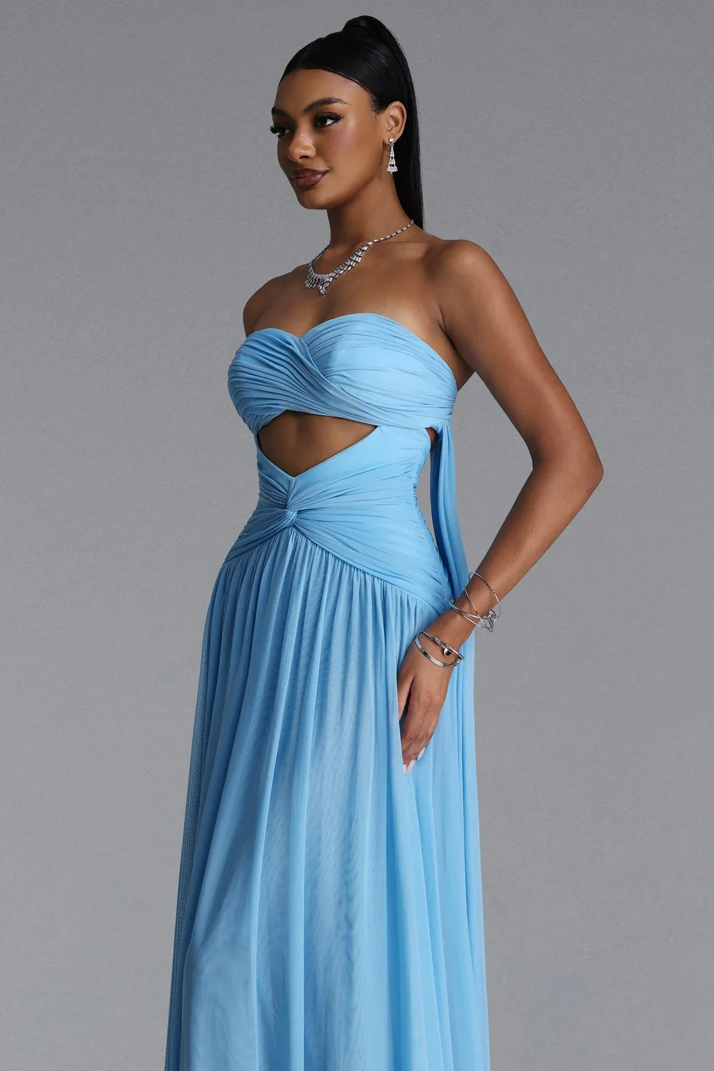 Bella Barnett Prunella abito maxi blu L drappeggiato
