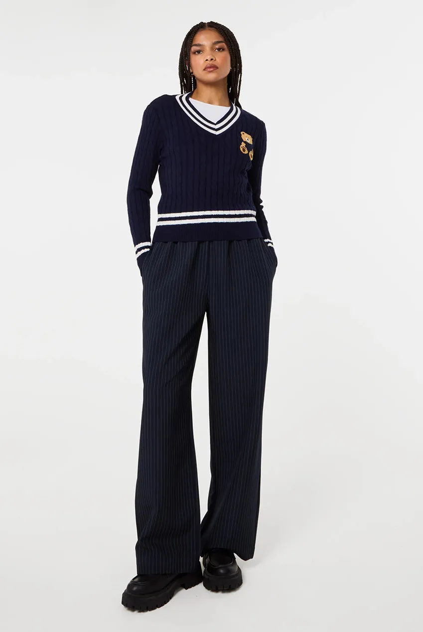 Pink Vanilla Teddy maglione blu navy scollo V trecce S/M