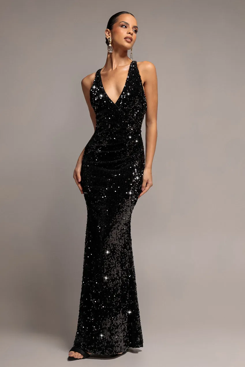 Goddiva Sequin Velvet DR5257 abito lungo nero scollo V