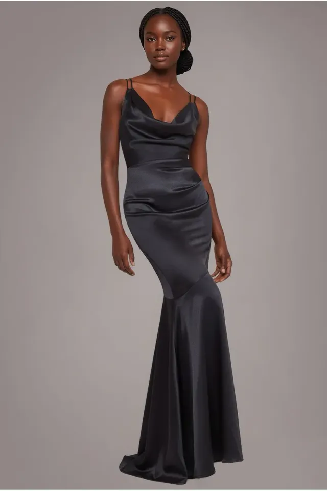 Goddiva Cowl Neck abito maxi raso nero schiena incrociata