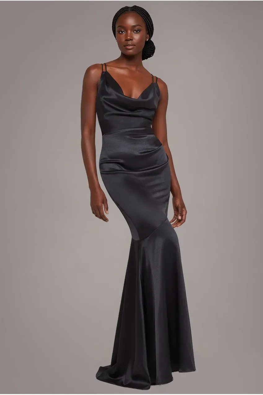 Goddiva Cowl Neck abito maxi raso nero schiena incrociata
