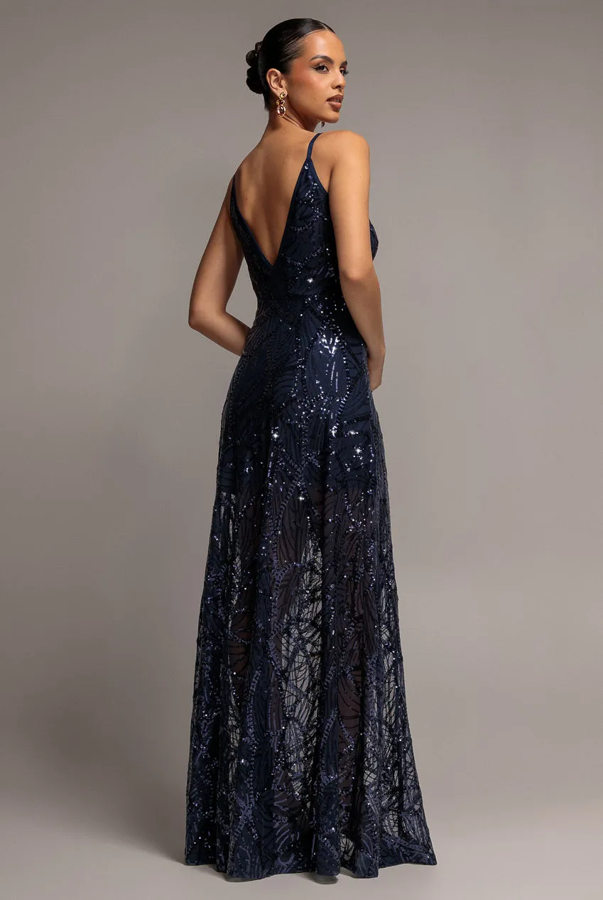 Goddiva Ornamental abito blu paillettes maxi spacco