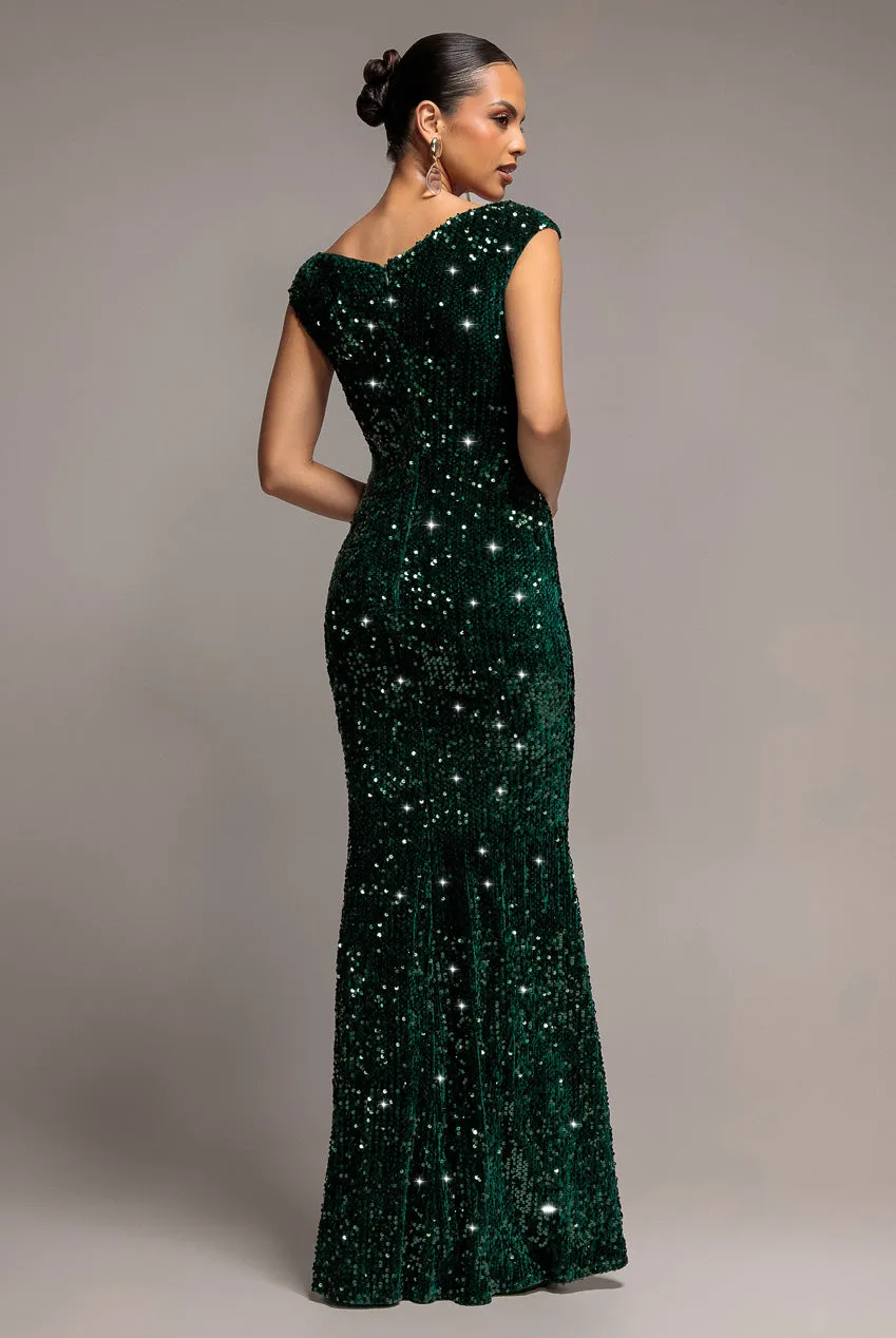 Goddiva Sequin Velvet DR3512 abito maxi verde smeraldo
