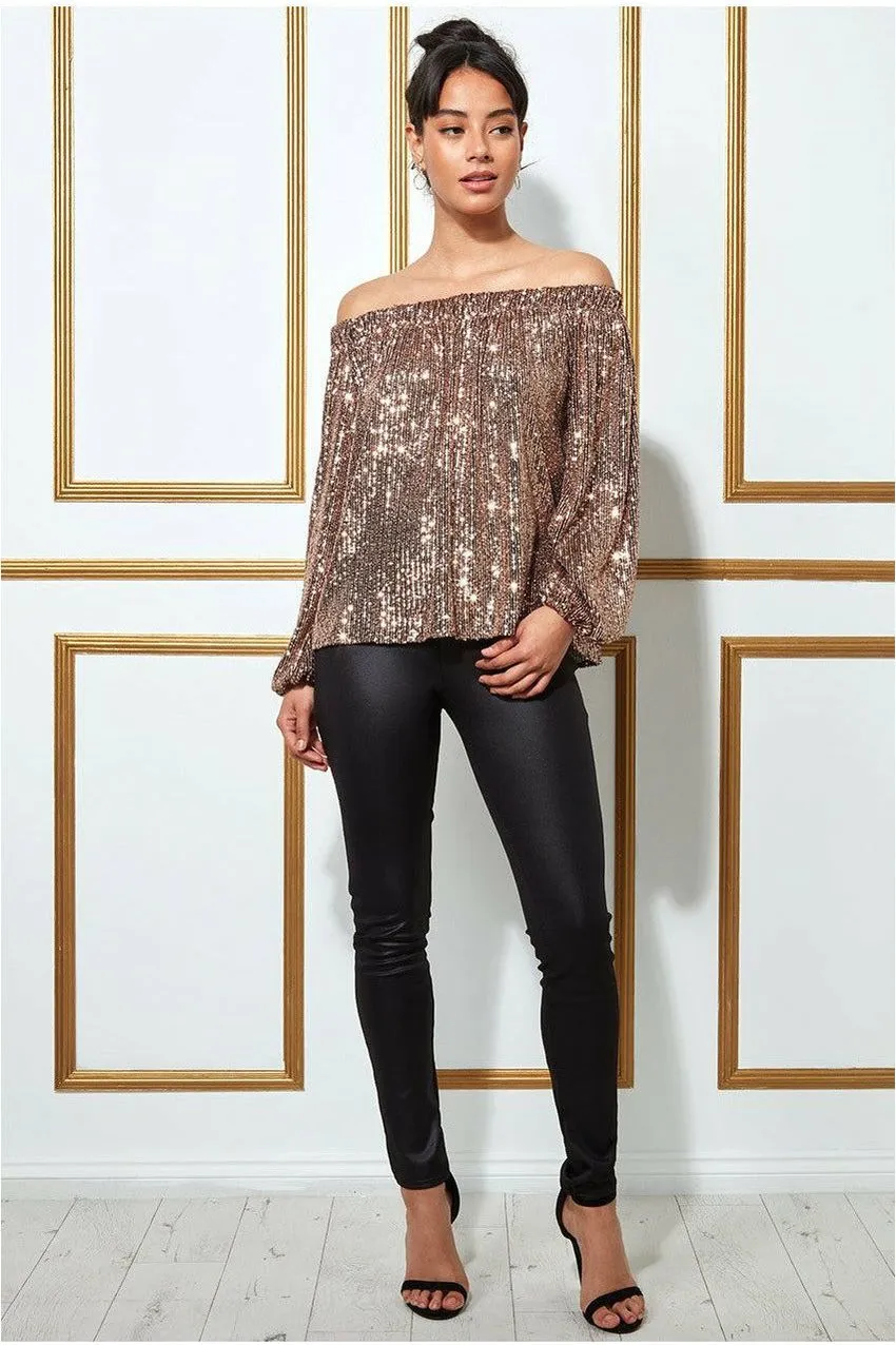 Goddiva Bardot Sequin Crop top champagne con paillettes