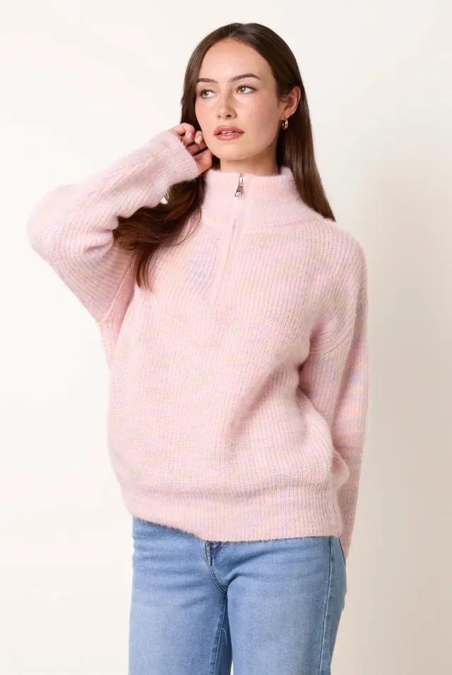 Blue Vanilla Zip Neck Maglione Rosa Collo Alto Zip