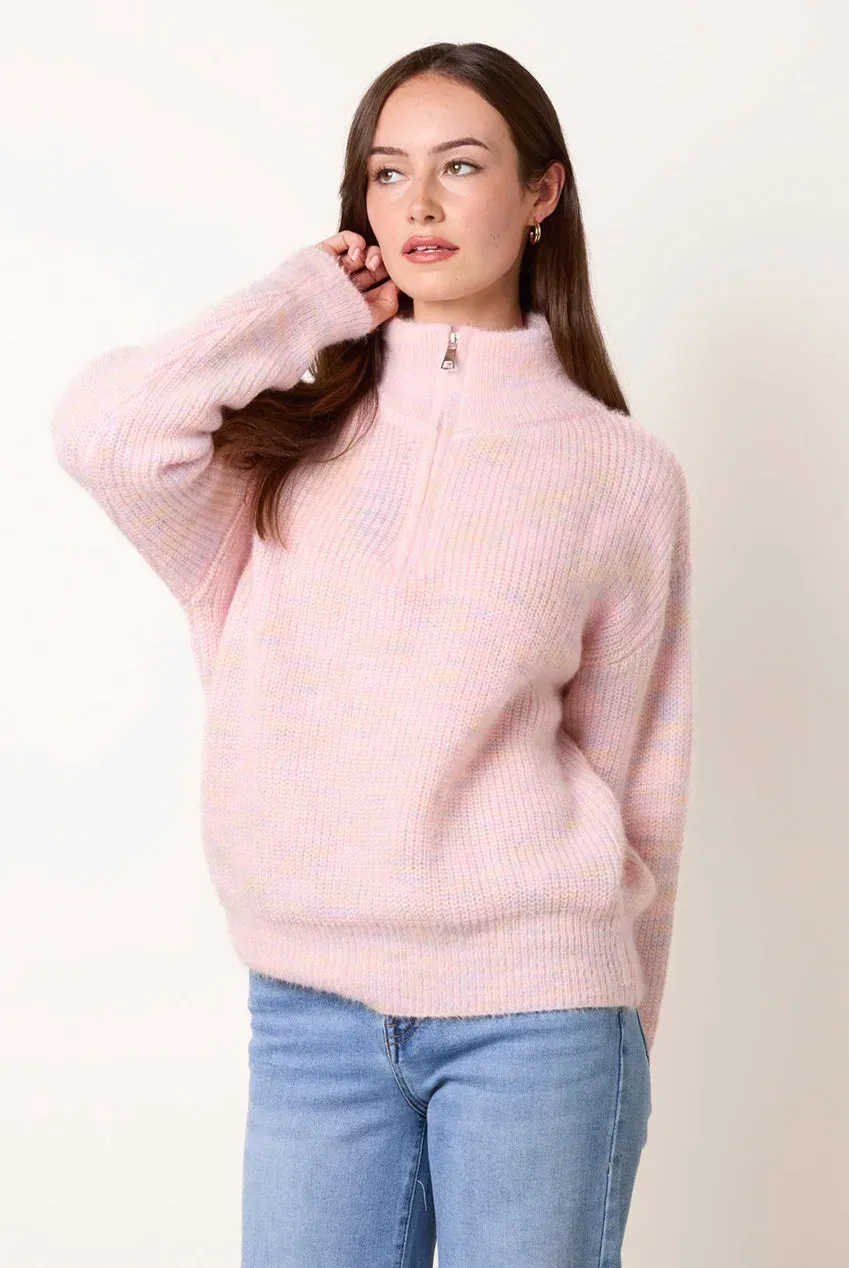 Blue Vanilla Zip Neck Maglione Rosa Collo Alto Zip