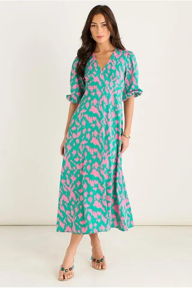 Gini London V Neck Shift abito midi verde animalier