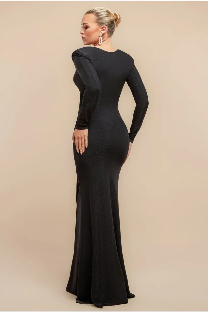 Goddiva abito maxi lurex nero scollo incrociato