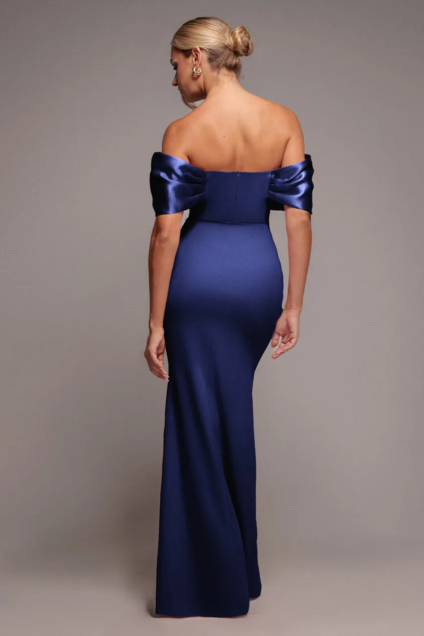 Goddiva abito lungo bardot navy nodo raso scuba