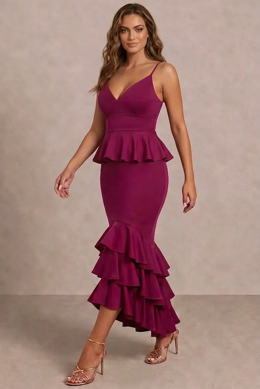 Chi Chi London Cami Strap Ruffle abito midi viola bodycon scuba