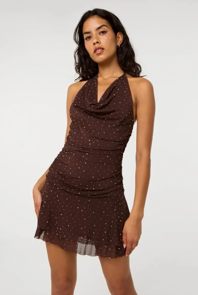 Pink Vanilla abito mini halter cioccolato asimmetrico strass