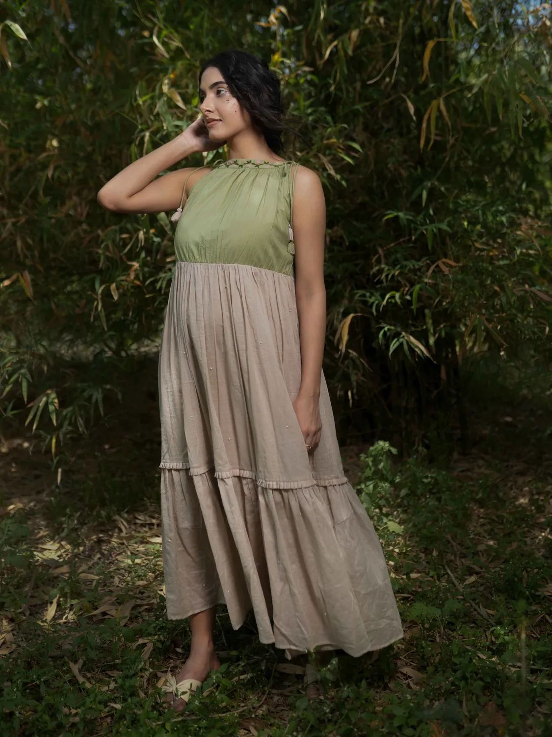 Our Dve Rabia completo abito giacca verde rosa cotone