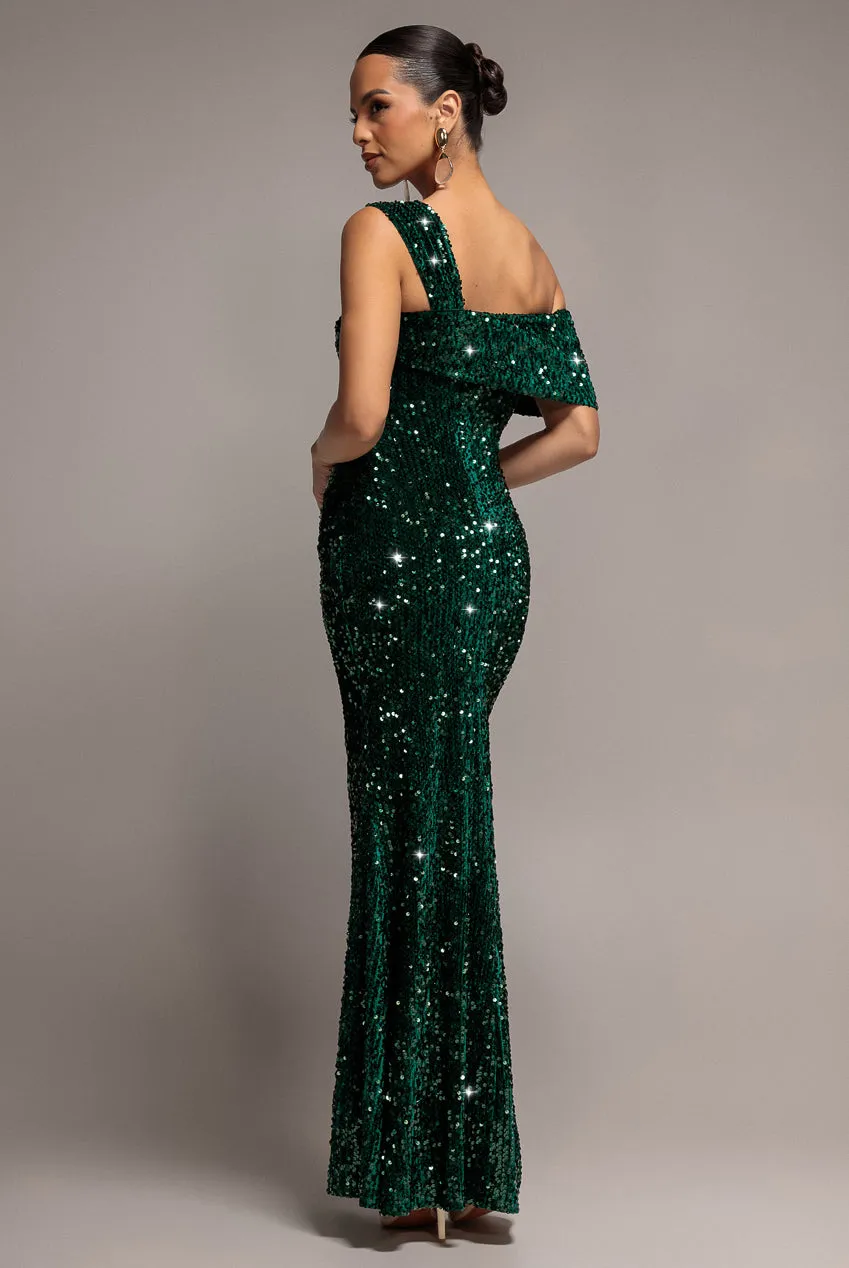 Goddiva Asymmetric Off Shoulder Pleated Waist abito maxi verde