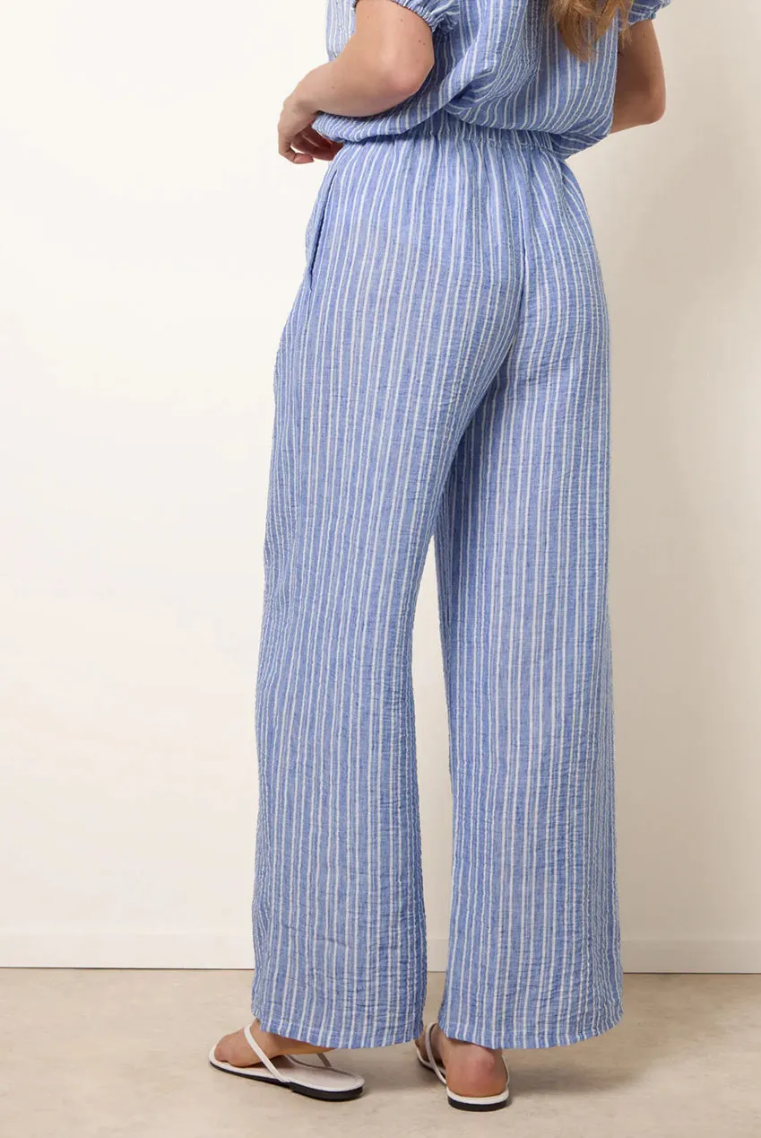 Blue Vanilla pantaloni riga blu gamba larga vita annodata