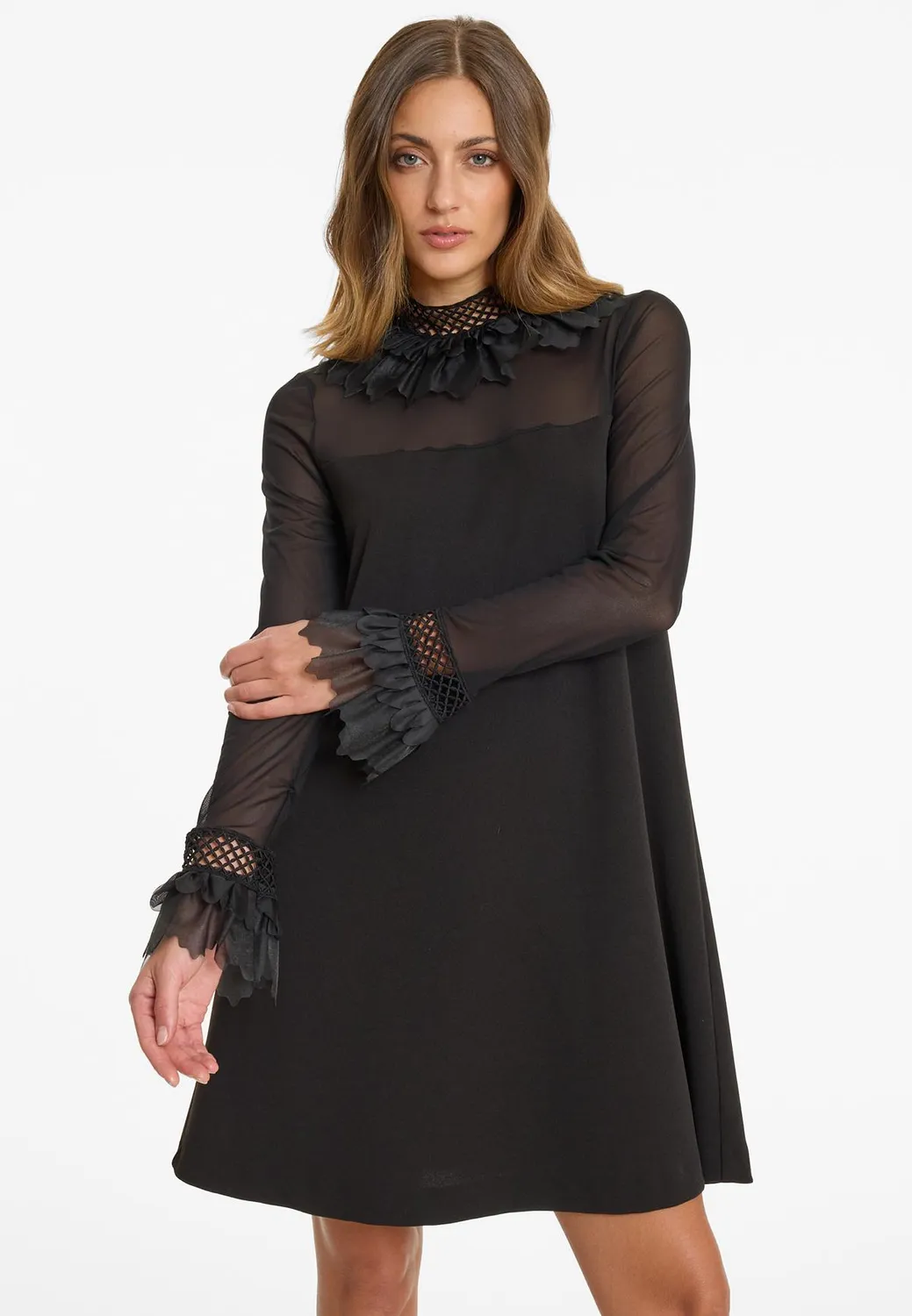 Ana Alcazar Afasi abito corto nero colletto pizzo