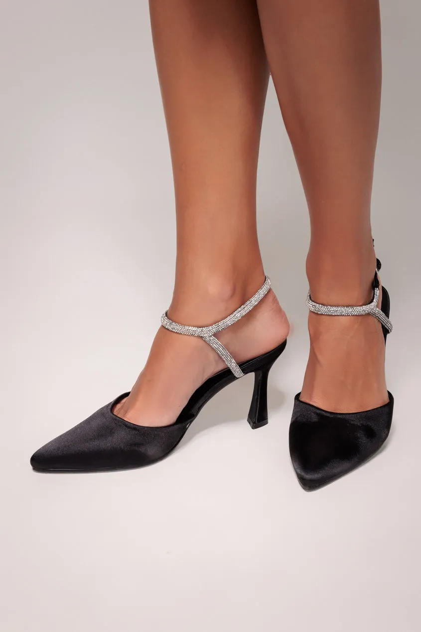 Goddiva Diamante décolleté slingback raso nero con strass